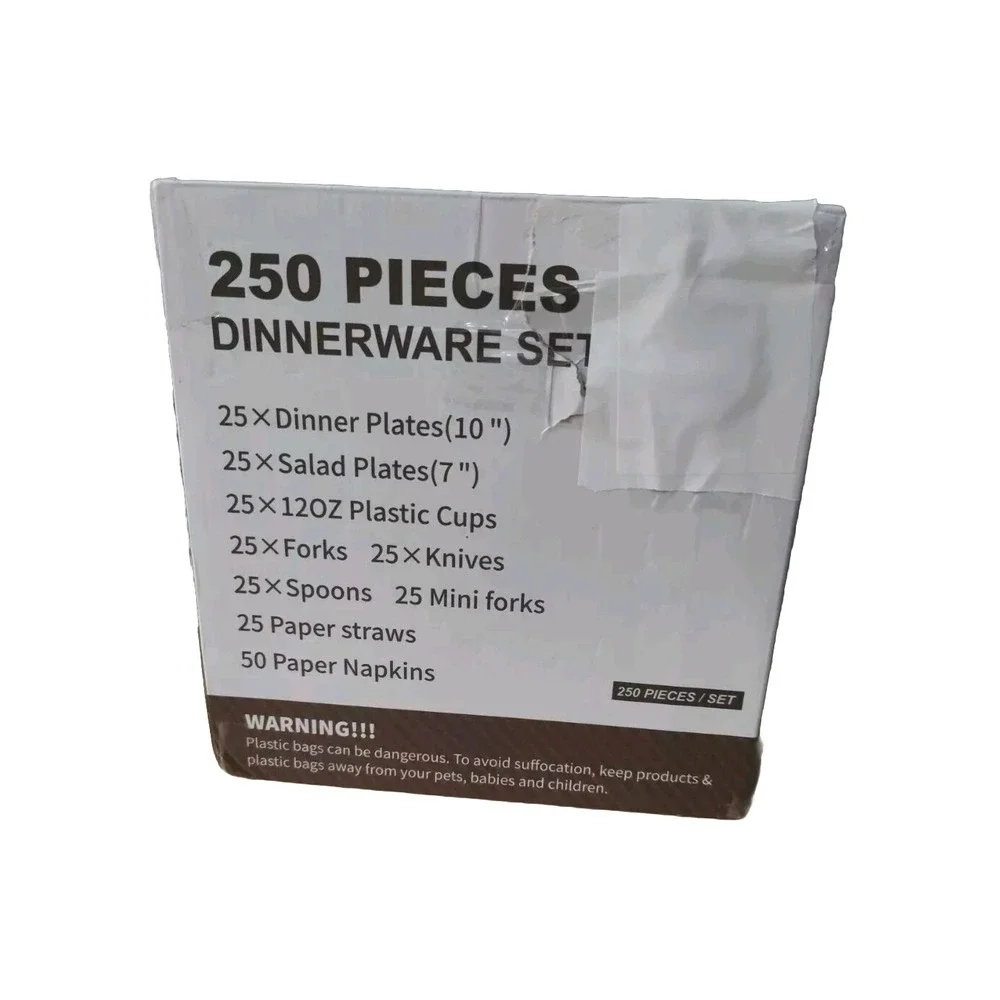 250 Count Rose Gold Disposable Plastic Dinnerware Set, Plates, Silverware, Cups.